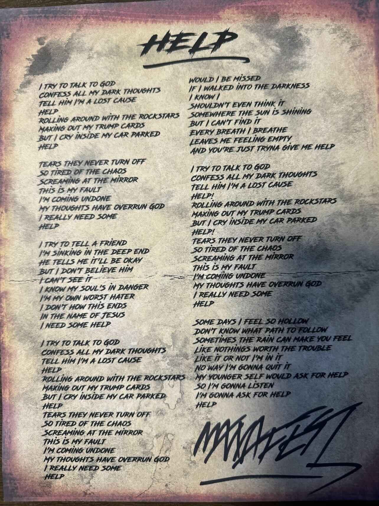 Lyric Sheet Stamped & Signed on Vintage Paper (song of your choice)